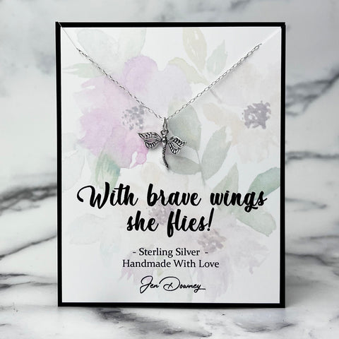 With Brave Wings She Flies Sterling Silver Dragonfly Necklace
