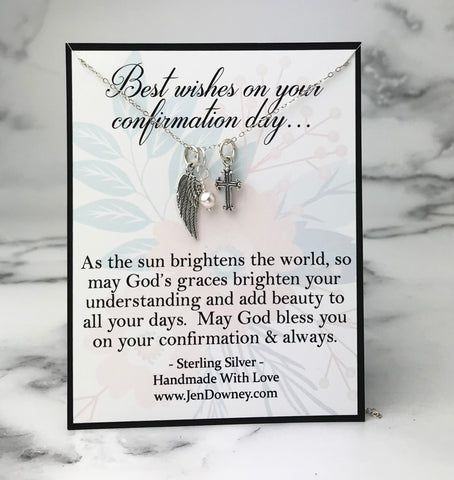 Confirmation Wishes Gift Angel Wing and Cross Sterling Silver Necklace