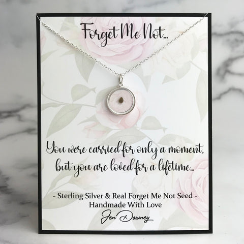 Forget Me Not seed jewelry miscarriage quote