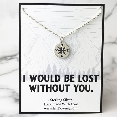 Lost Without You Meaningful Gift For Him Sterling Silver Compass Necklace Mens Jewelry