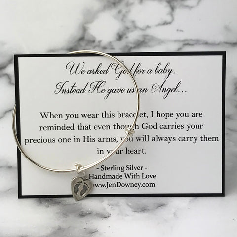 We Asked God For A Baby Miscarriage Quote Sterling Silver Baby Feet Bangle