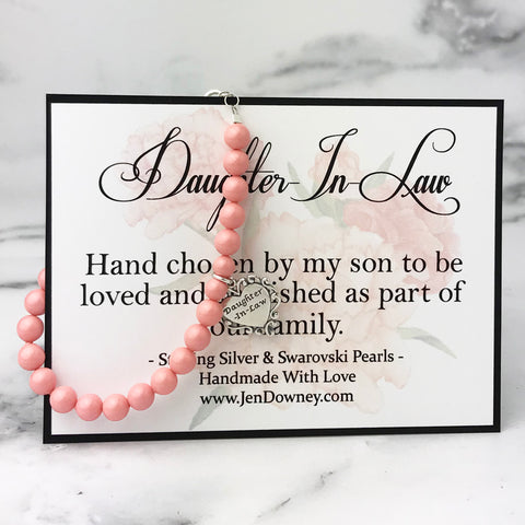 Daughter In Law Gift Hand Chosen By My Son Welcome To The Family Pink Pearl Bracelet