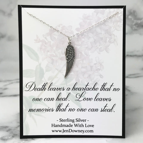 Sympathy Gift For Her Love Leaves Memories Sterling Silver Angel Wing Necklace
