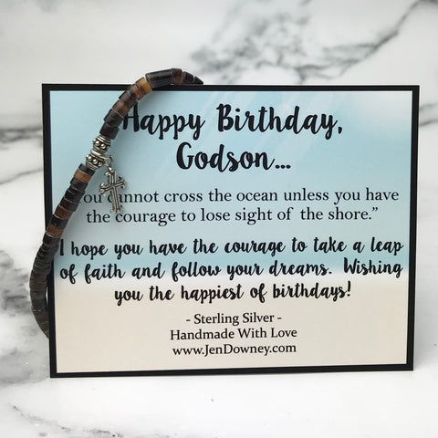 Godson Birthday Quote Cross Shell Bead Bracelet Sterling Silver