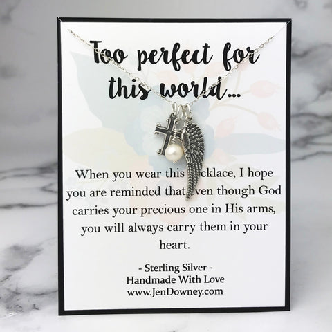 Too Perfect Miscarriage Quote Chunky Style Sterling Silver Cross Angel Wing Necklace Fresh Water Pearl