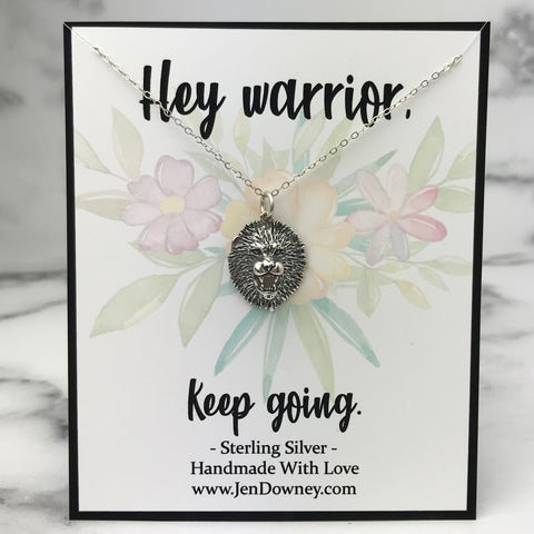 Hey Warrior Keep Going Strength Necklace Sterling Silver Lion