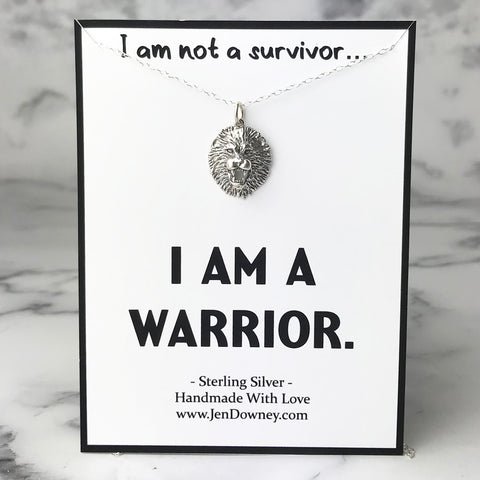 I Am A Warrior Strength Quote Lion Head Sterling Silver Necklace