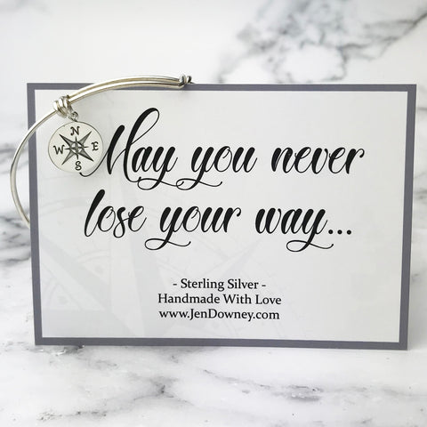 Never Lose Your Way Sterling Silver Compass Charm Bangle Bracelet