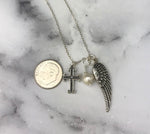 Too Perfect Miscarriage Quote Chunky Style Sterling Silver Cross Angel Wing Necklace Fresh Water Pearl