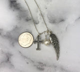 Too Perfect Miscarriage Quote Chunky Style Sterling Silver Cross Angel Wing Necklace Fresh Water Pearl
