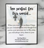 Too Perfect Miscarriage Quote Chunky Style Sterling Silver Cross Angel Wing Necklace Fresh Water Pearl