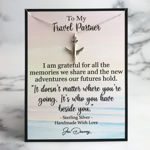 travel buddy quote sterling silver airplane necklace